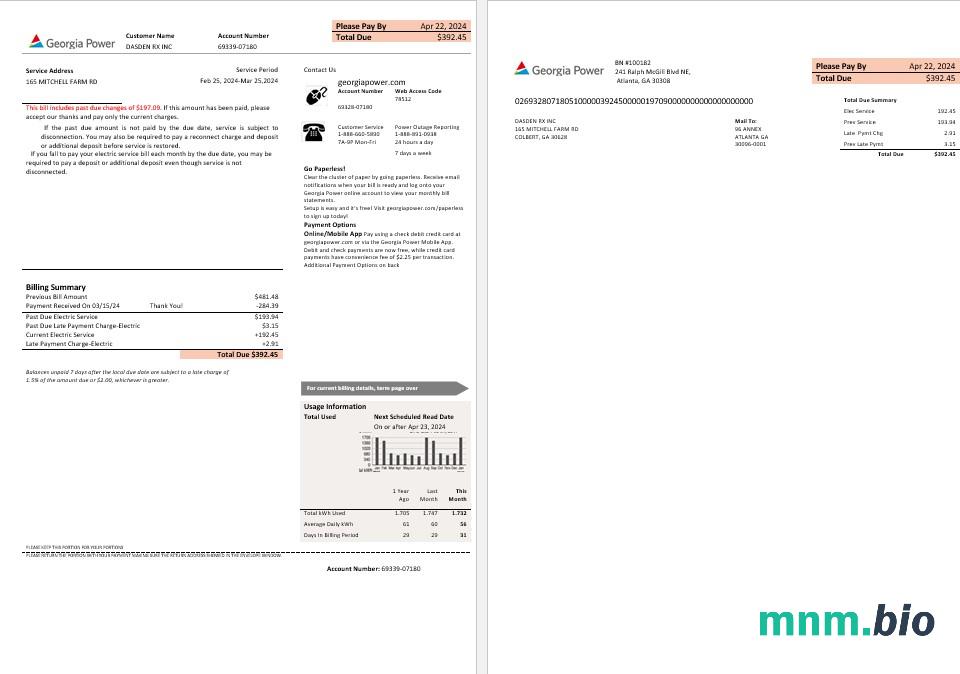 USA Georgia Power business utility nowy szablon rachunku marki w formatach Word i PDF, w pełni edytowalny